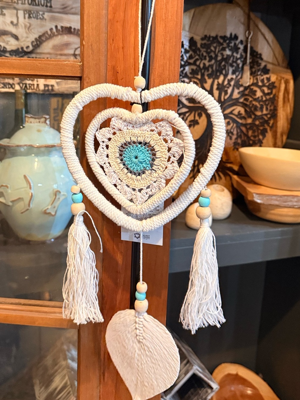Handmade Cream Heart Macramé Wall Hanging with Turquoise Accent